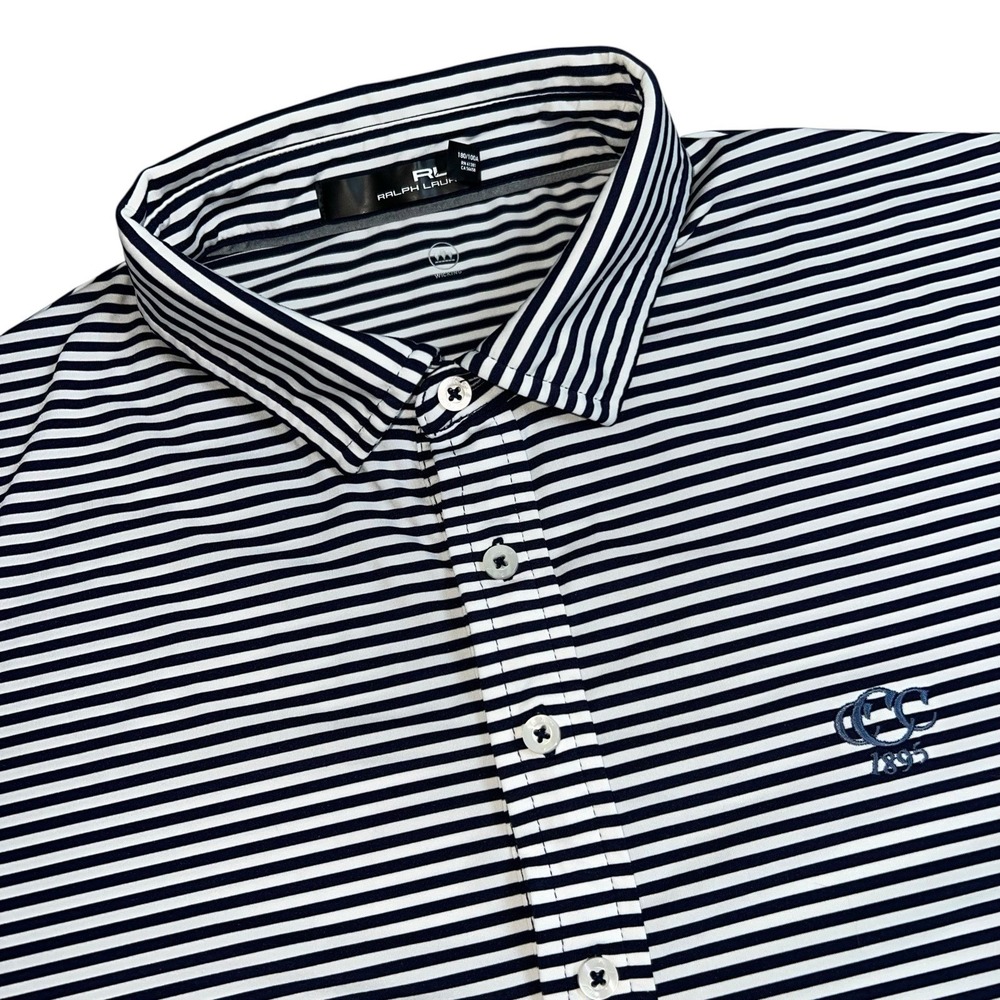 RLX Ralph Lauren Mens Large Blue White Striped Short Sleeve Golf Polo Shirt LOGO
